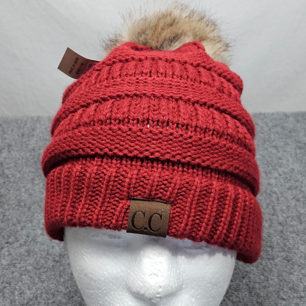 CC Beanie Womens Red Faux Fur Pom Cable Knit Winter Hat Skier Chic Cozy Comfy